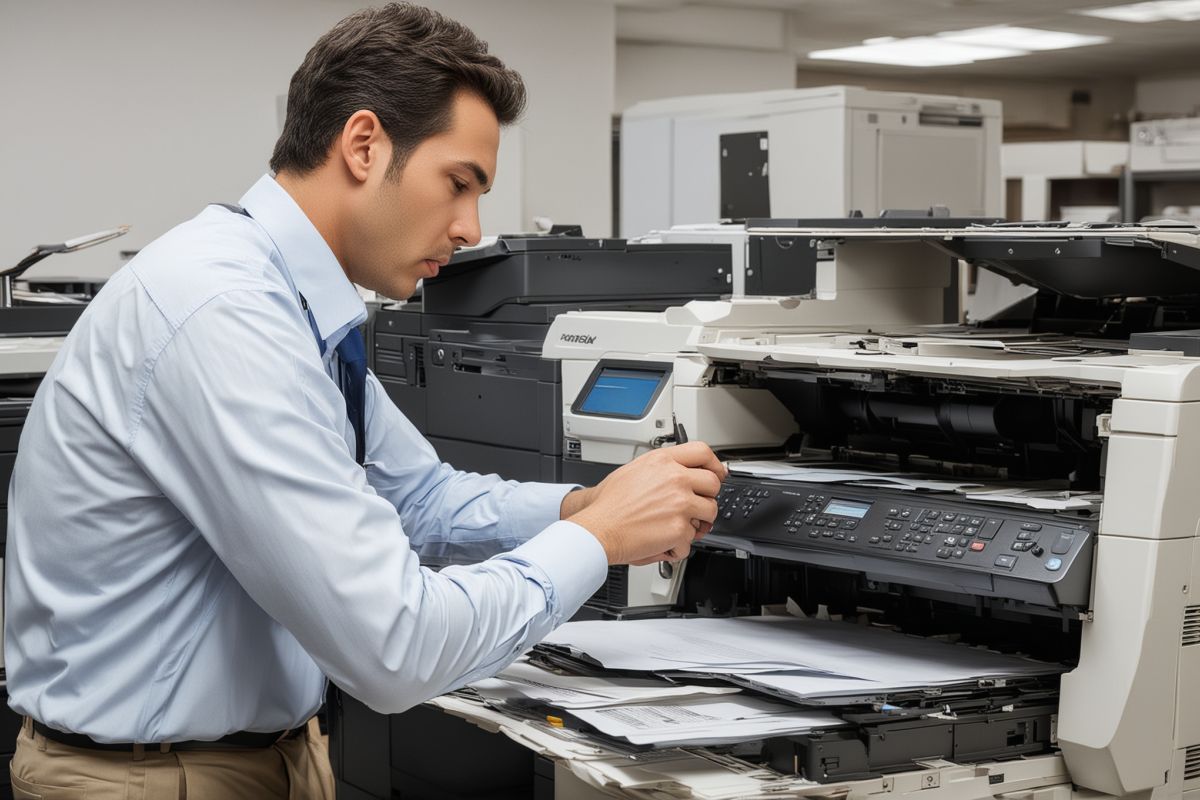 Professional copier repair technician working on office equipment