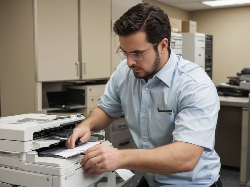 Professional copier repair technician working on office equipment