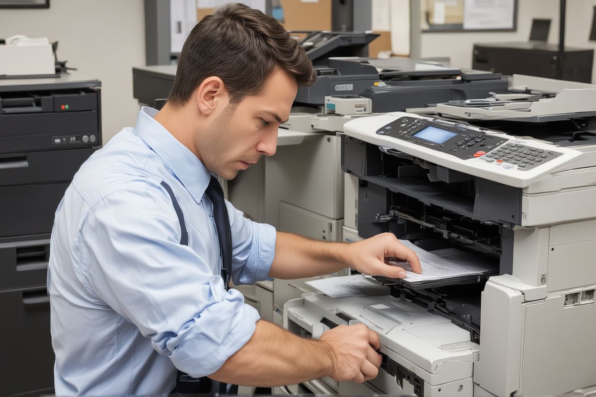 Professional copier repair technician working on office equipment