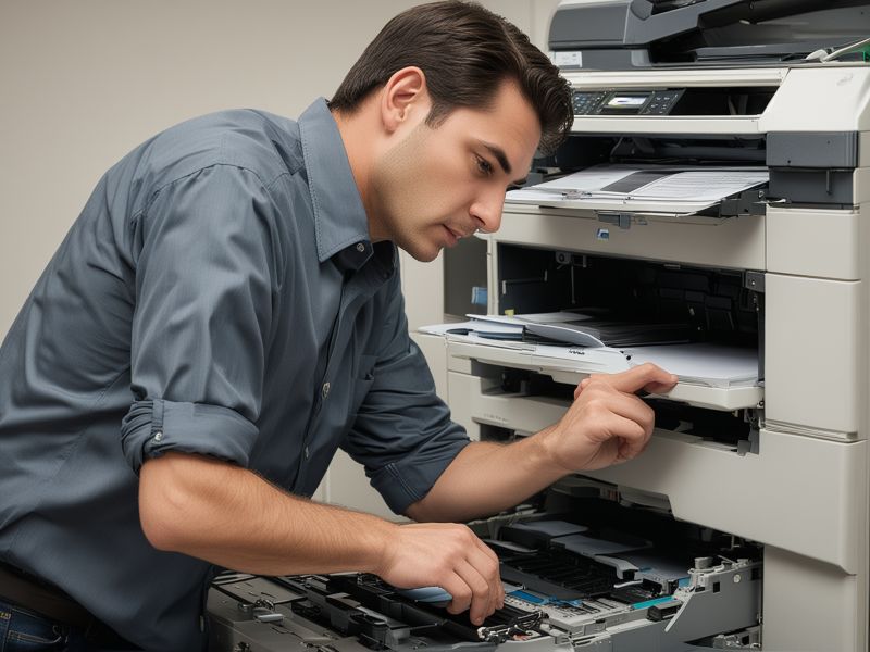 Professional copier repair technician working on office equipment
